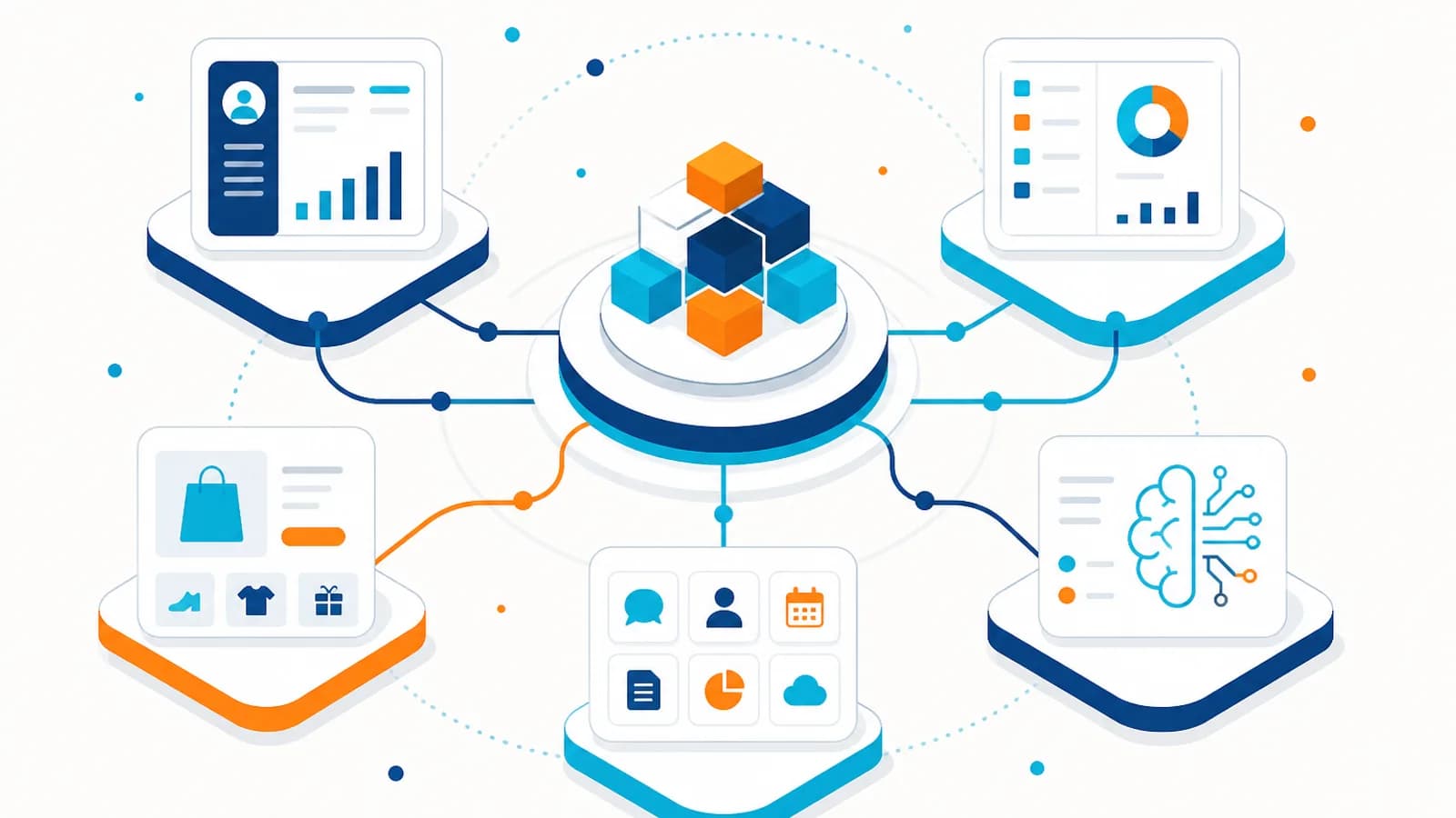 Business solutions spanning CRM, ERP, ecommerce, apps, and AI